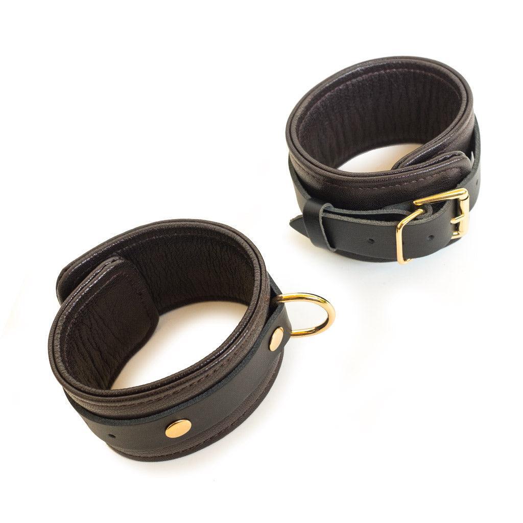 Brown Leather Ankle Restraints with Gold Accent Hardware - Image 2