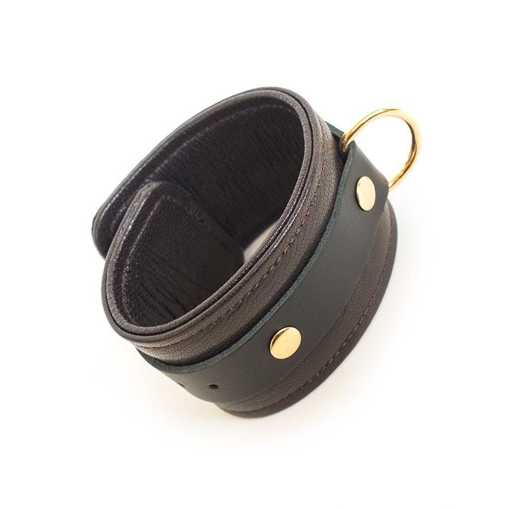 Brown Leather Ankle Restraints with Gold Accent Hardware - Image 3