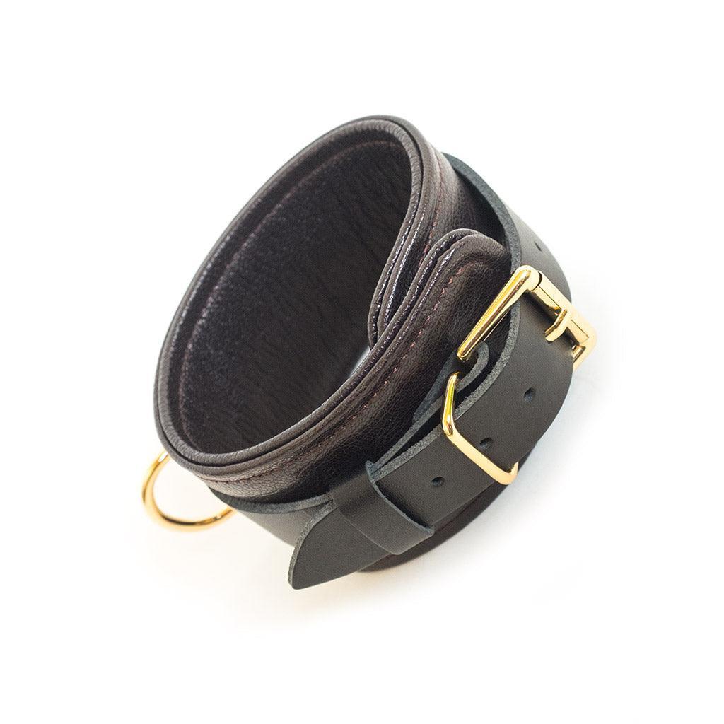 Brown Leather Ankle Restraints with Gold Accent Hardware - Image 4