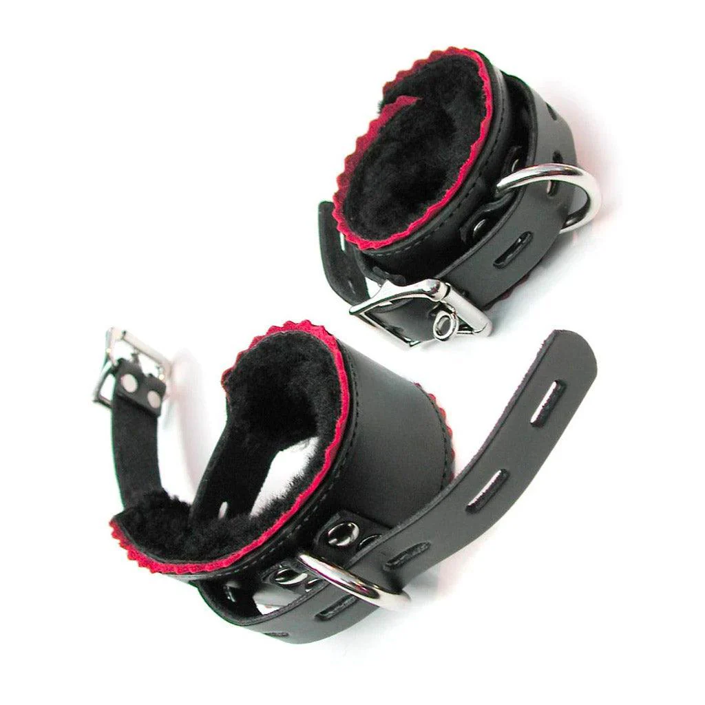 Sheepskin-Lined Leather Wrist Cuffs w/ Red Scalloped Edges - Image 2