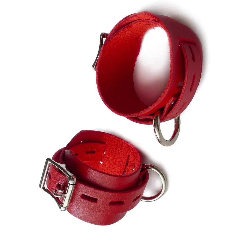 Locking/Buckling Leather Bondage Restraints, Red - Image 2