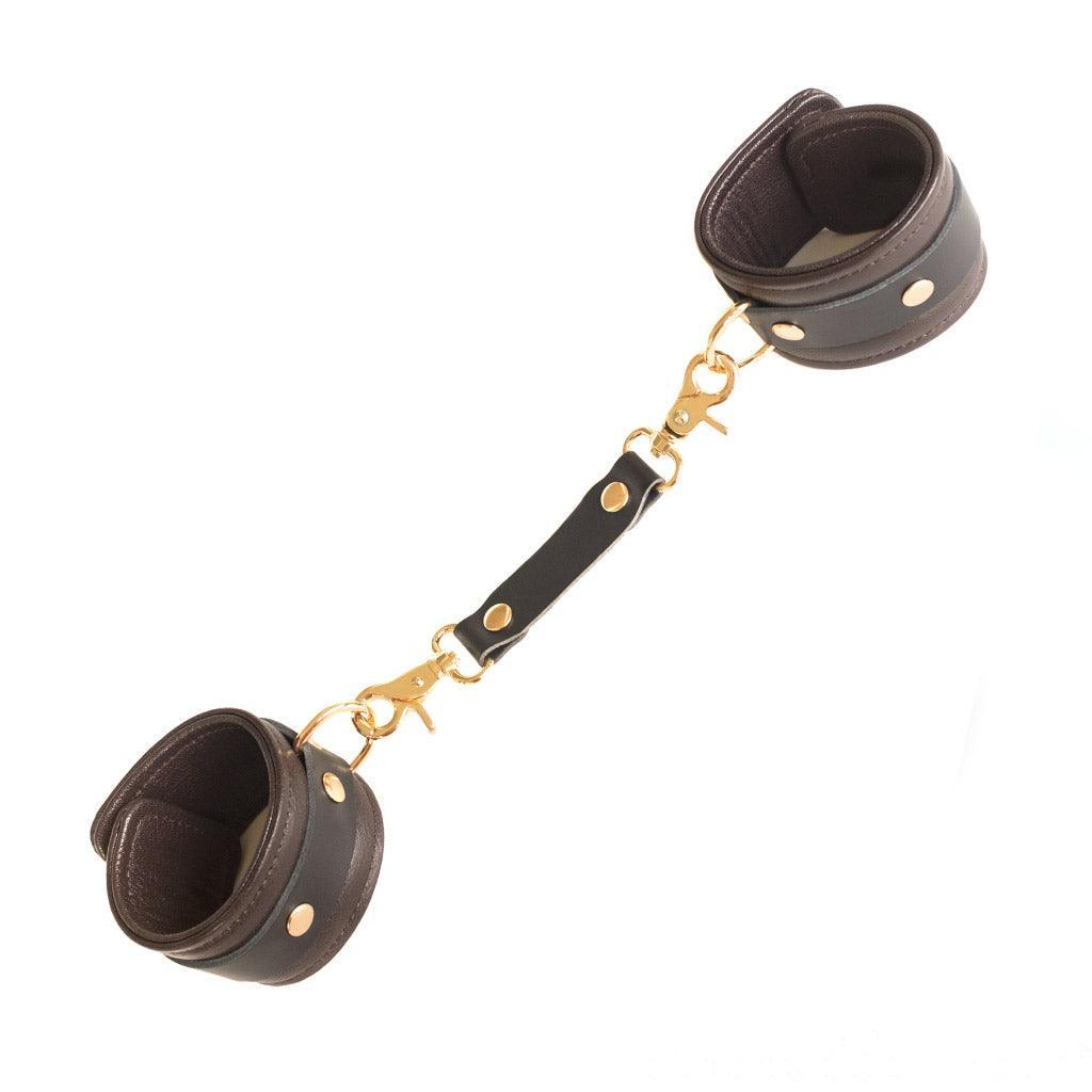 Brown Leather Wrist Restraints with Gold Accent Hardware - Image 2