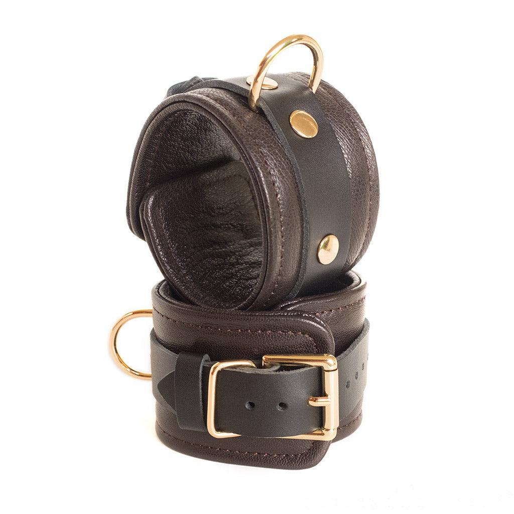 Brown Leather Wrist Restraints with Gold Accent Hardware - Image 3