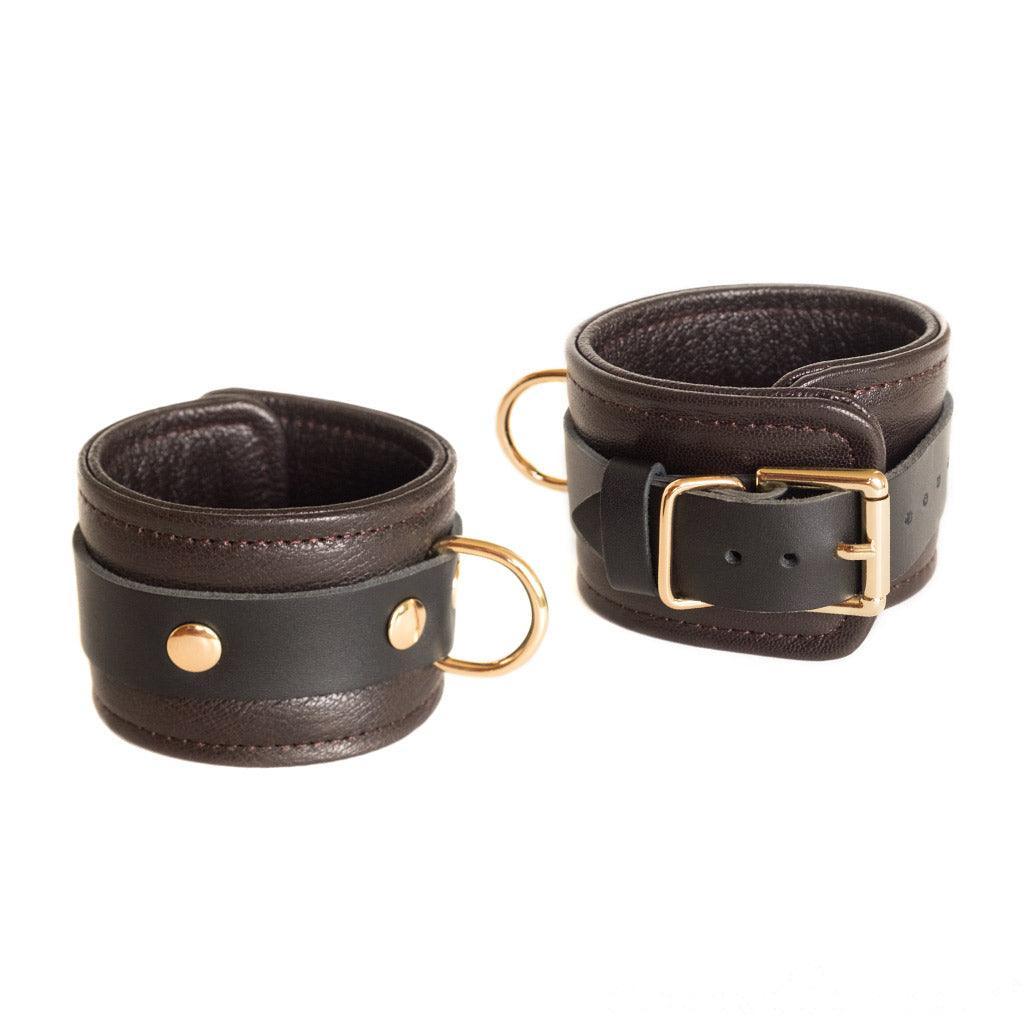 Brown Leather Wrist Restraints with Gold Accent Hardware - Image 4